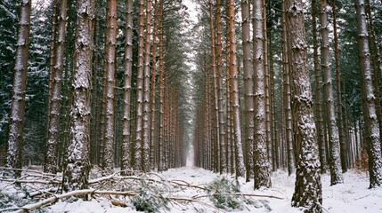 Naklejka premium The Snowy Pine Forest Path Framed by Tall Frosted Trees In Winter Light