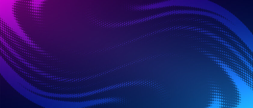 Abstract halftone dot wave background. Dynamic purple and blue gradient wallpaper. Futuristic technology theme. Modern digital flow effect. Vector illustration