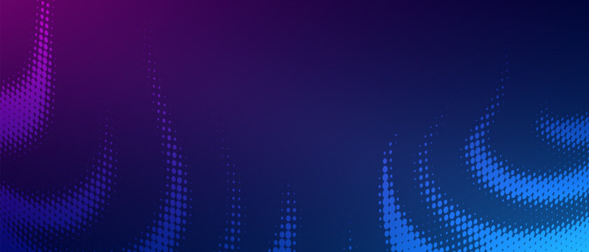 Purple and blue halftone dot pattern abstract modern aesthetic visual with organic flowing wave shapes background for creative technology branding. Vector illustration.