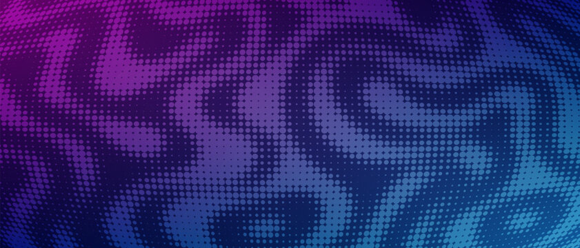 Purple and blue halftone dot pattern abstract background for futuristic technology design. Dark violet gradient sphere texture with wavy circular mosaic elements.