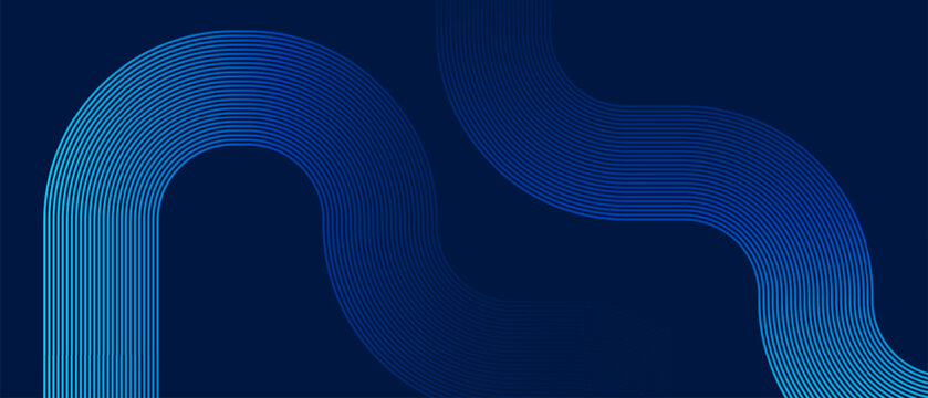 Dark blue parallel lines curved subject minimal design with glow effect background for corporate technology presentation and website banner header. Vector illustration.