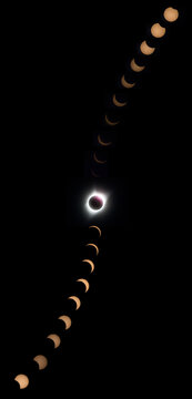 View of a total solar eclipse timed photo composite showing the progression of the moon covering the sun against a black background in Casper, Wyoming, United States.