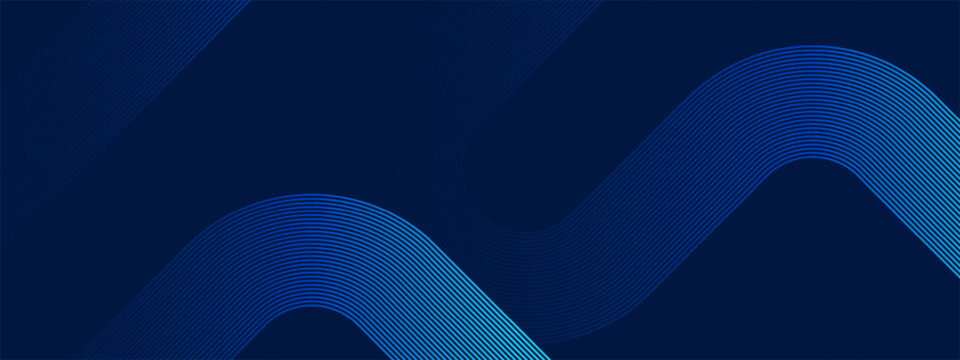 Dark blue curved line abstract geometric background with bright neon light streaks for professional corporate presentation and website header design. Vector illustration.