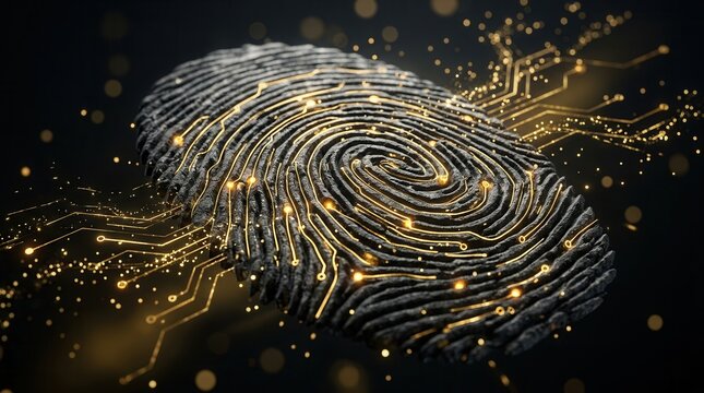 Circuitry elements integrated into a digital fingerprint representing technology security and data privacy.