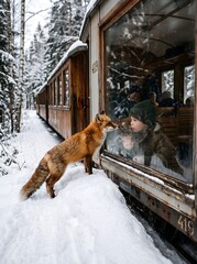 Naklejka premium Fox and child connect at snowy train window