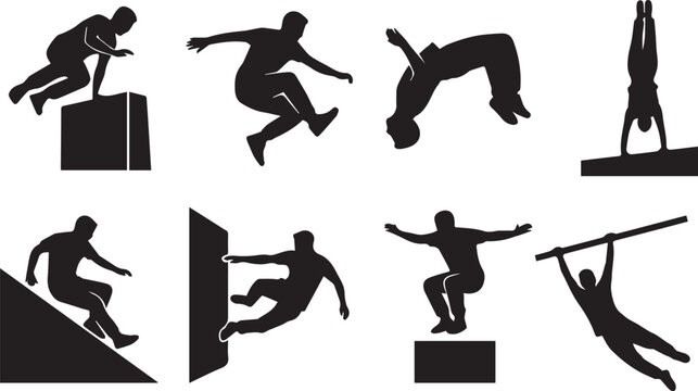 WebParkour and freerunning extreme sports black vector silhouettes set with athletes vector illustration