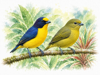 Obraz premium Violaceous Euphonia Pair (Euphonia violacea) – Male and Female Neotropical Bird Watercolor Illustration