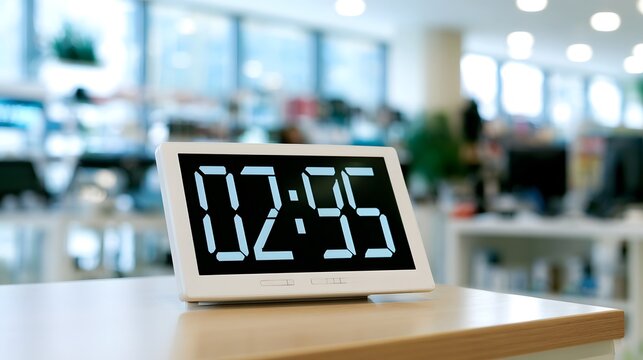 Digital clock showing 02 95 on a wooden desk in a bright office space with blurred background