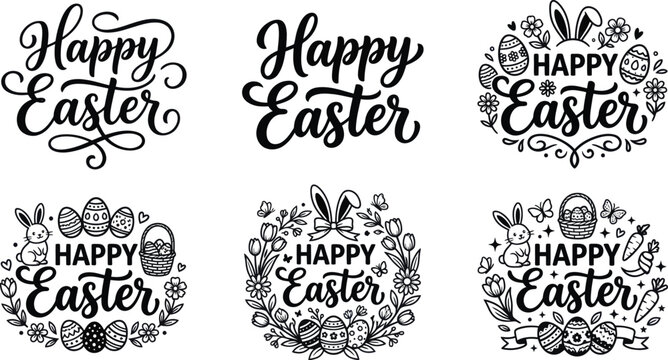 Happy Easter icon set with hand drawn text designs, decorative floral frames, bunny ears and festive holiday elements for greeting cards and labels Vector, illustration