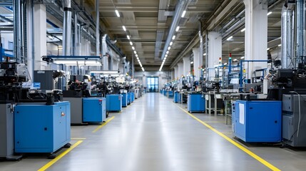 Naklejka premium Long industrial production hall with blue hinery yellow safety lines and overhead lighting along the corridor