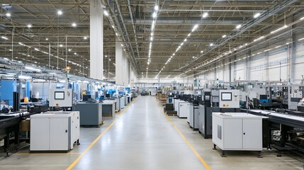 Naklejka premium Long industrial warehouse interior with automated hinery bright overhead lighting and organized production lines