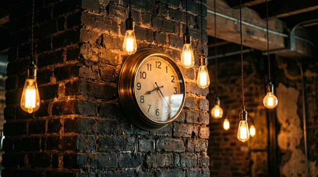Vintage industrial interior brick wall with antique clock and Edison bulb string lights creating warm and cozy ambiance in a rustic setting.