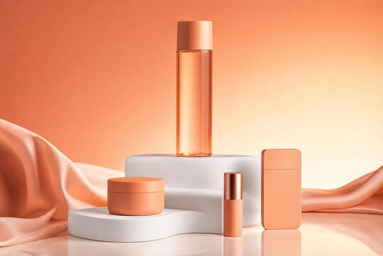 A collection of cosmetic products arranged on a smooth surface, featuring soft pastel colors and gentle lighting, ideal for beauty and skincare promotions.
