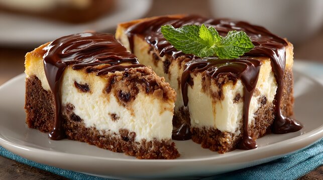 Slice of chocolate cheesecake with dripping fudge sauce and fresh mint garnish for bakery menu presentation.