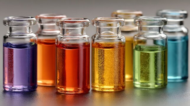 Row of glass vials filled with colorful liquid solutions for pharmaceutical and scientific research background.