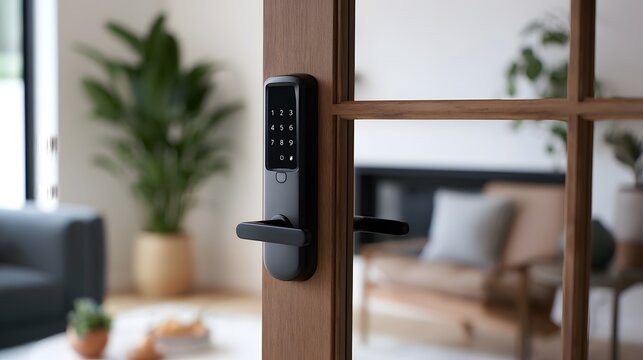 Modern digital smart lock mounted on wooden door with glass panels  showing minimalist home interior with plants and furniture