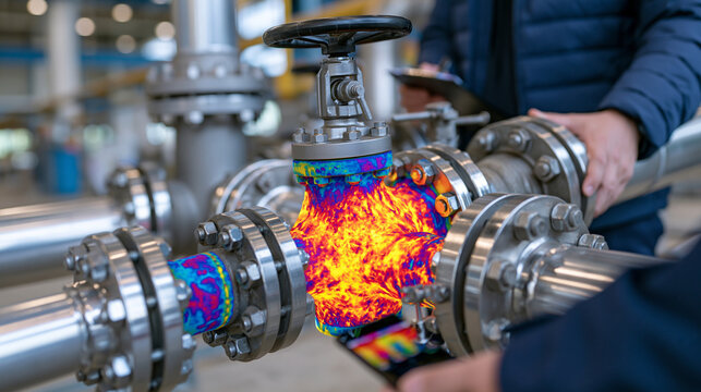Extreme close-up of a thermal camera screen showing industrial valves and pipelines in detailed infrared colors, one valve glowing intensely to indicate overheating, visible temperature gradient acr