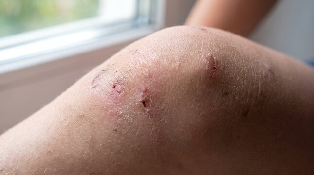 Close up view of skin wounds and healing on leg skin showing rashes and abrasions skin injuries dermatology concerns body pain