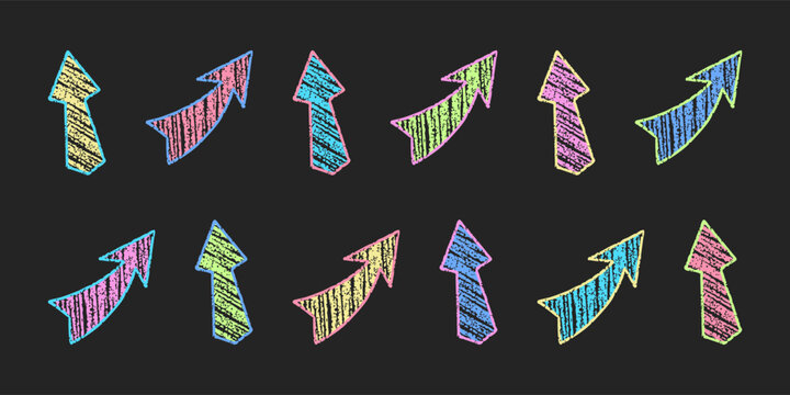 Upward chalk growth arrows in crayon style, chalkboard vector for smm.