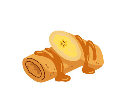 Fried Banana Spring Roll with Caramel Sauce Vector Illustration