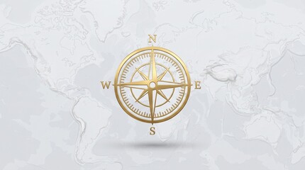 Naklejka premium A golden compass rose icon floating over a light gray world map background illustration with metallic gold compass subtle embossed world rose symbol centered