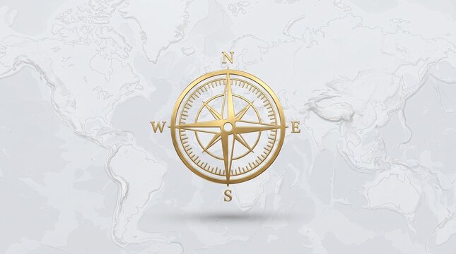 A golden compass rose icon floating over a light gray world map background illustration with metallic gold compass subtle embossed world rose symbol centered