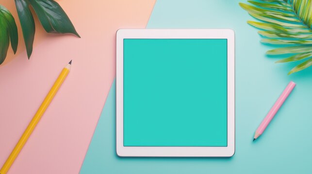 mockup creative Artistic digital tablet displaying a colorful illustration mockup, surrounded by vibrant inspiration materials.