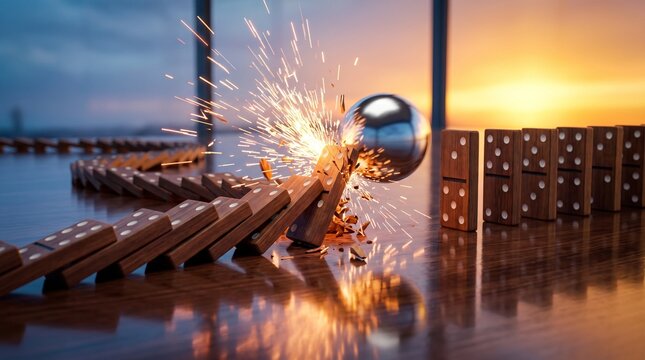 Business disruption breakthrough concept with metallic barrier breaking apart representing change, innovation and overcoming obstacles