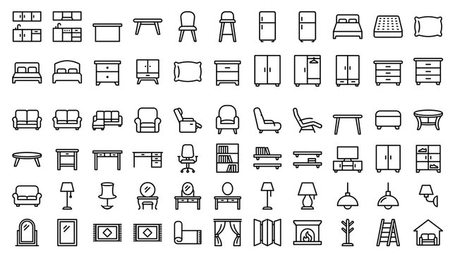 House Interior Furniture Linear Icon Set with Editable Stroke Kitchen, Bedroom, Sofa, Table, Bookcase, Closet, Chair, Mattress, Lamps, and Decor