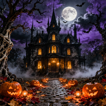 Spooky haunted mansion at night, Gothic castle with glowing pumpkins, Halloween landscape under full moon and purple sky