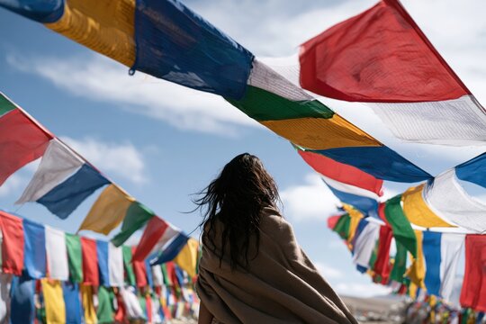 Walking through colorful Tibetan prayer flags