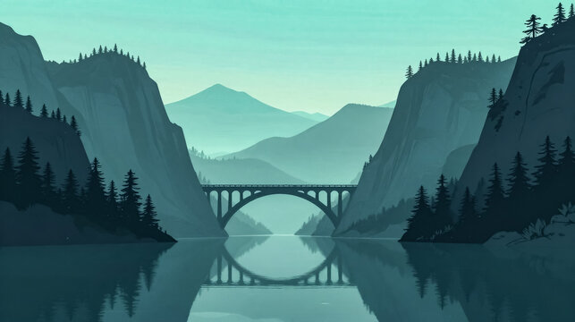 Minimalist mountain landscape with arched bridge, serene teal valley lake reflection, flat vector style nature scenery