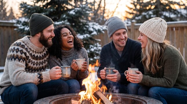 Happy diverse group of friends laughing around a cozy winter fire pit holding warm drinks