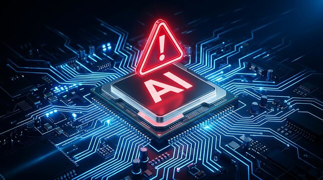Conceptual illustration of an artificial intelligence processor chip featuring a glowing red warning sign and digital circuitry background