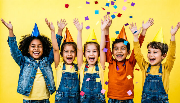 Joyful diverse children celebrating birthday party, happy kids with party hats and confetti, group of multiethnic friends cheering on yellow background