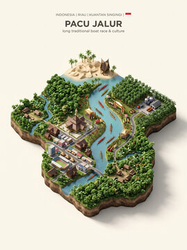 3D isometric map of Pacu Jalur traditional boat race in Kuantan Singingi Riau Indonesia, cultural tourism infographic landscape illustration isolated on light background