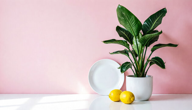 Minimalist kitchen still life with green potted plant, fresh yellow lemons and white ceramic plate on pink background