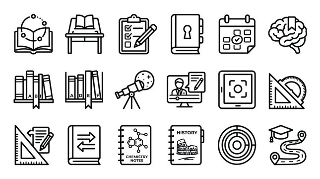 Collection of linear icons depicting navigation knowledge and architectural elements