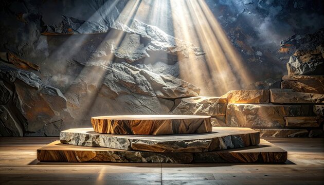 Natural stone display platform bathed in dramatic sunbeams, set against a rugged rock background
