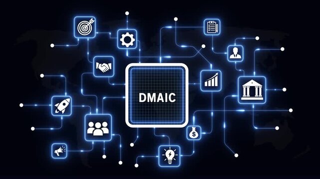 Dmaic methodology concept with digital network and glowing business process optimization symbols on a dark background, for corporate strategy, lean six sigma, management, and continuous improvement