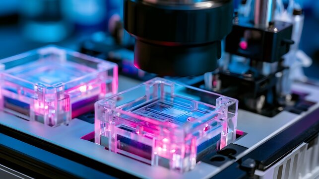 Close up of transparent lab devices under colorful lighting in a modern scientific research environment
