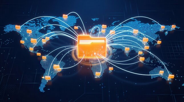 Secure communication and big data technology shown as a 3D rendering of a global network.