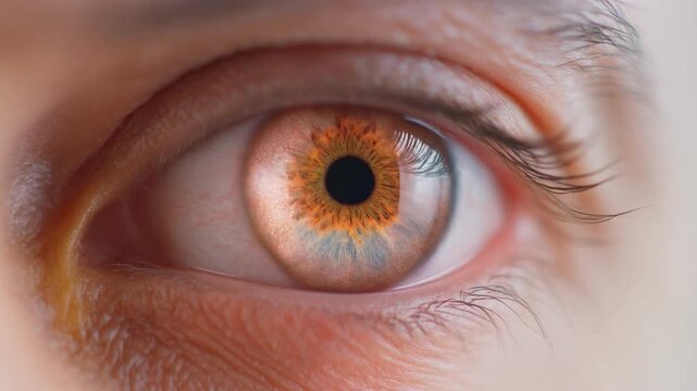 Extreme macro footage of a single beautiful human eye, luminous rose-gold iris blending soft tones for National Hispanic Heritage Month