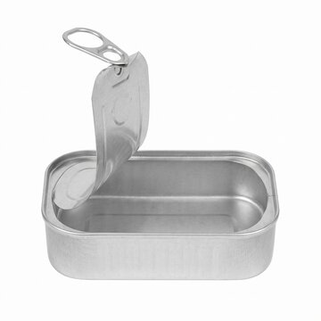 Open silver aluminum tin can with pull tab lid isolated on white background