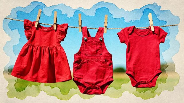Red baby clothes hanging on a clothesline in a watercolor-style illustration under a blue sky