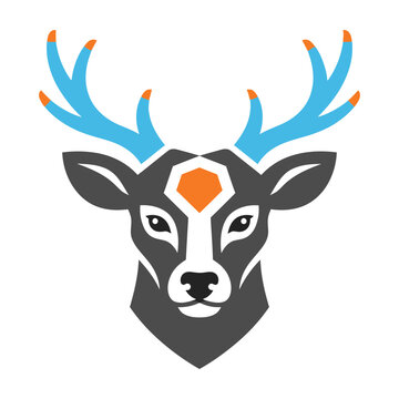 Stylized deer head logo with blue antlers and orange accents design