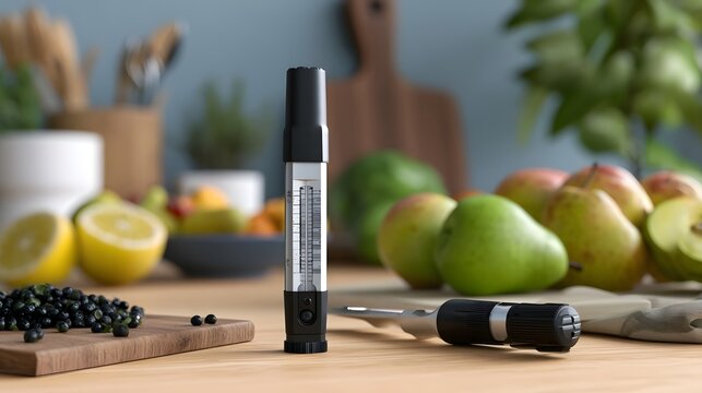 A refractometer stands upright on a wooden surface surrounded by fresh fruits including pears  lemons  and blueberries