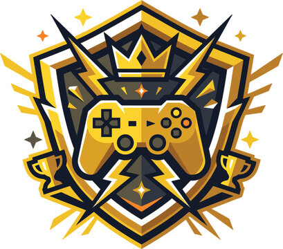 Esports gaming emblem featuring a crowned controller, shield, trophies, lightning bolts and geometric elements for competitive championship branding