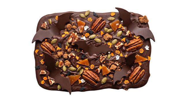 Delicious halloween chocolate bark with pecans and bat decorations isolated on transparent background