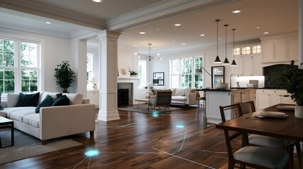 Naklejka premium Modern open plan living space with hardwood floors white furniture and integrated smart home technology visible as glowing lines on the floor